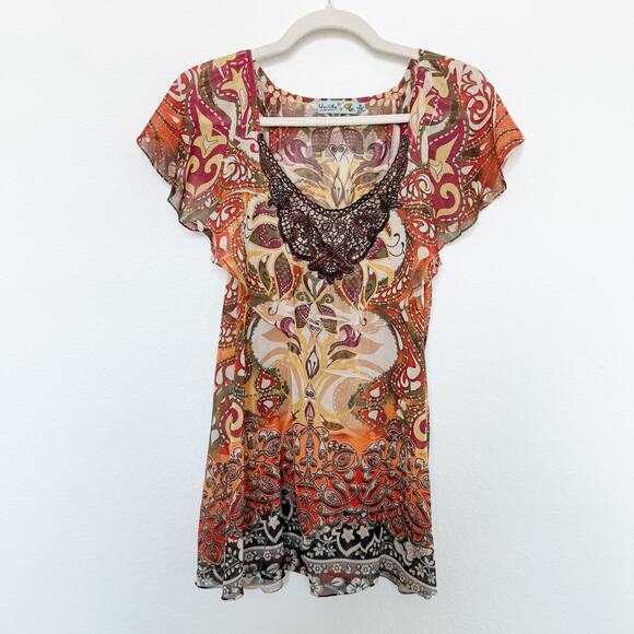 Y2K Unity Top‎ Mesh Paisley Print Crochet Brown Orange Size M Boho Forest Fairy - Picture 1 of 8